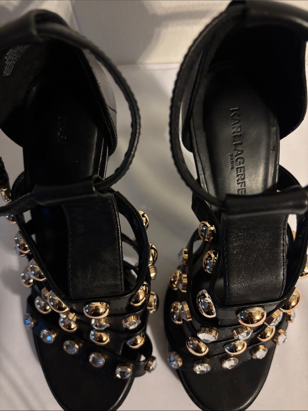 Karl Lagerfeld Black Strappy Heels with Gold and Crystal Studs